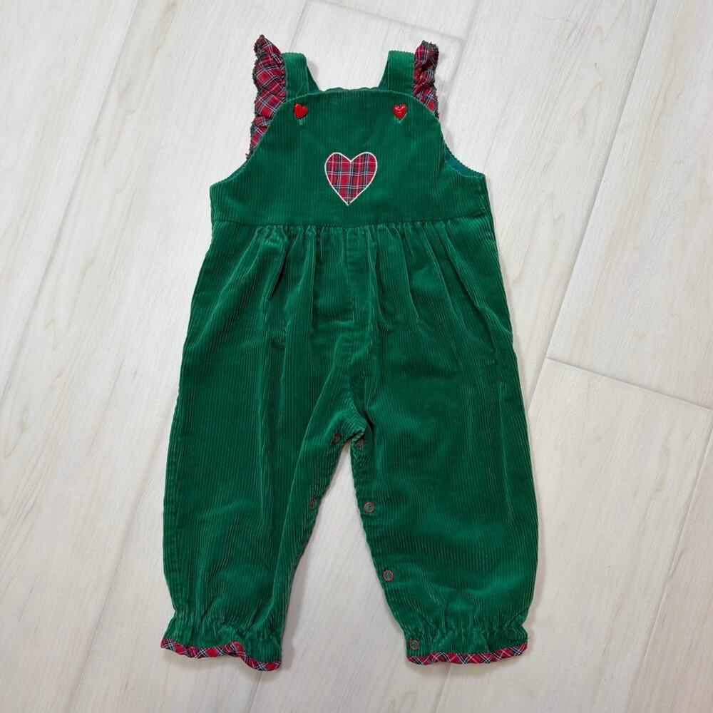 Vtg Baby Togs Green Corduroy Plaid Heart Overalls Christmas Romper Size 18months